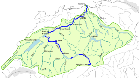 Karte, die das Einzugsgebiet von Quelle bis Mündung in den Rhein zeigt